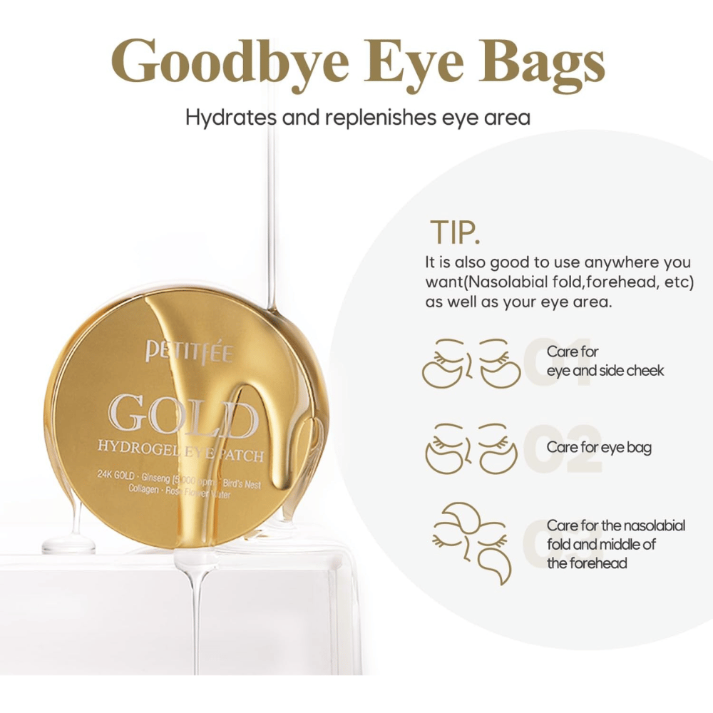 Immagine prodotto di PETITFEE Gold Hydrogel Eye Patch con focus sull’idratazione e la cura della zona sotto gli occhi. L’immagine mostra anche diverse aree di utilizzo come borse sotto gli occhi, zona delle guance e linee nasolabiali.