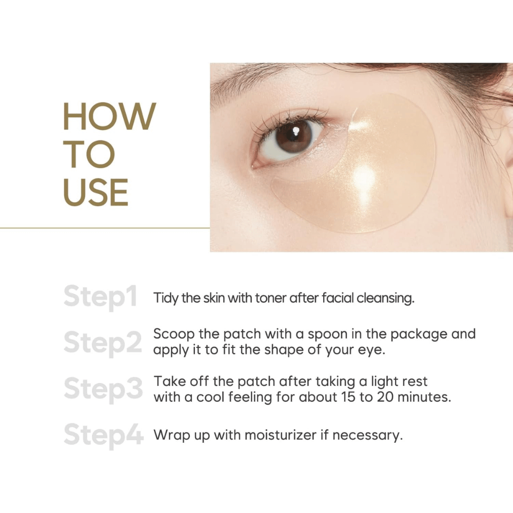 Immagine illustrativa che mostra come applicare gli eye patch in idrogel sotto gli occhi dopo la detersione e tonico viso. La guida passo dopo passo descrive l’uso e il tempo di posa consigliato per una pelle idratata e fresca.