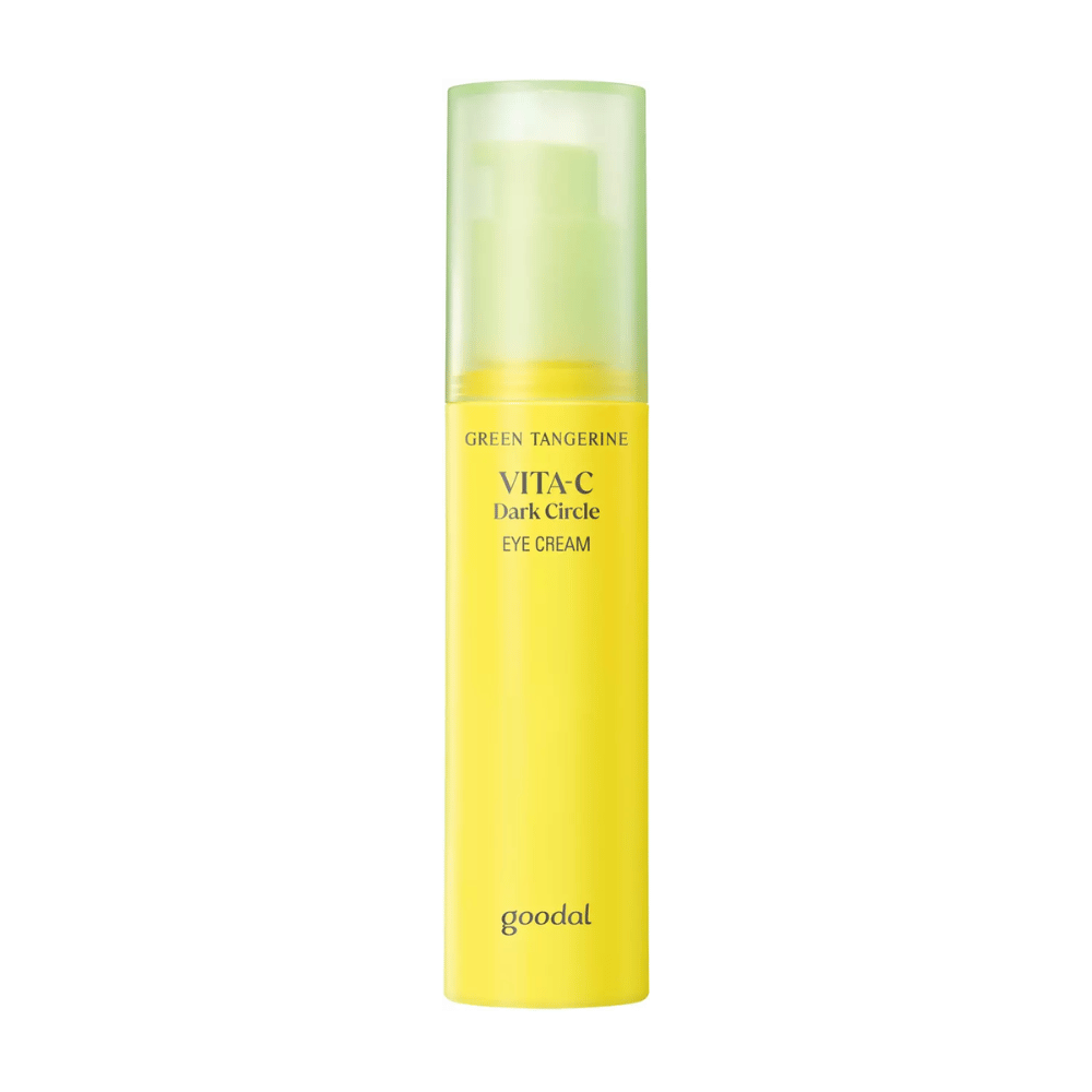 Una bottiglia di Goodal Green Tangerine Vita C Dark Circle Eye Cream 30ml su sfondo bianco con vitamina C.