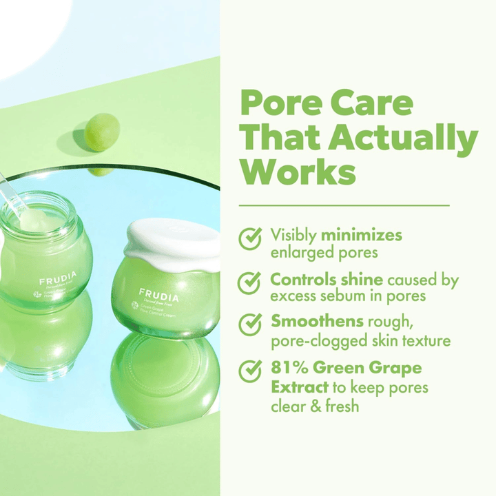 FRUDIA Green Grape Pore Control Cream che riduce visibilmente i pori, controlla la lucentezza e uniforma la struttura della pelle con l'81% di estratto di uva verde.