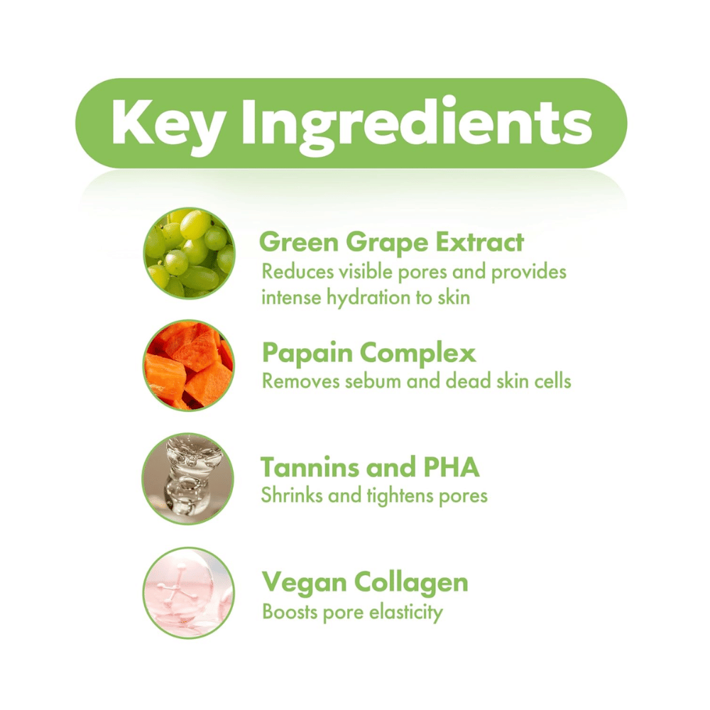 Ingredienti chiave in FRUDIA Green Grape Pore Control Cream con estratto di uva verde, papaina, PHA, tannini e collagene vegano per una pelle più chiara e liscia.
