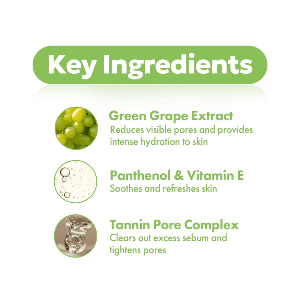 FRUDIA Green Grape Pore Control Scrub Cleansing Foam – ingredienti chiave come estratto di uva verde, pantenolo, vitamina E e complesso di tannini per pori puliti e raffinati.