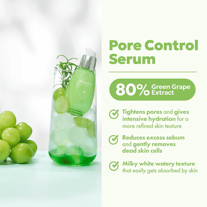 Frudia Green Grape Pore Control Serum che rassoda i pori, riduce il sebo in eccesso e si assorbe rapidamente con una texture leggera e lattiginosa per una pelle fresca e bilanciata.
