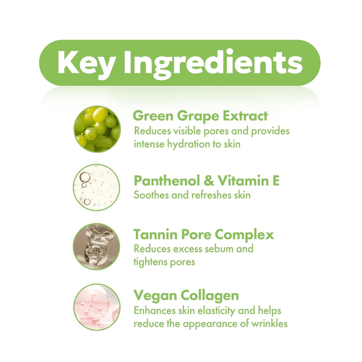 Ingredienti chiave in Frudia Green Grape Pore Control: estratto di uva verde per i pori, pantenolo e vitamina E per effetto lenitivo, complesso di tannino per i pori e collagene vegano.