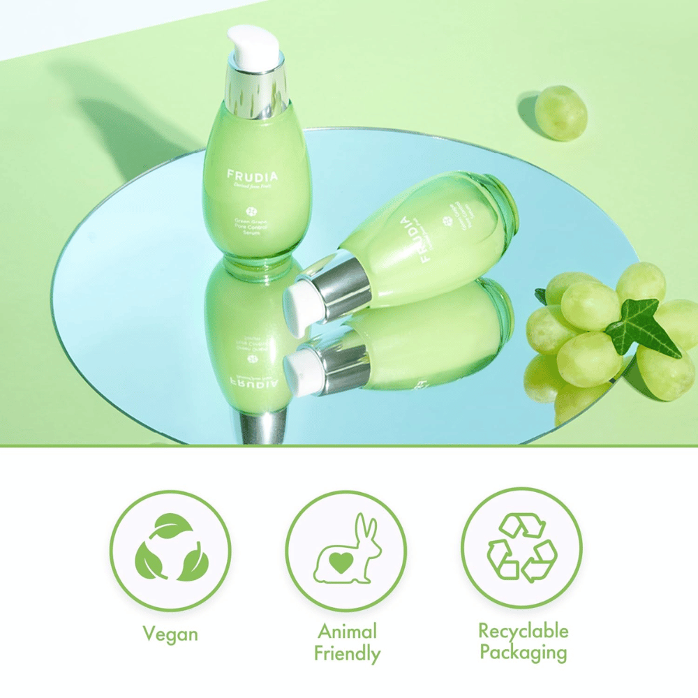 Frudia Green Grape Pore Control Serum con uva verde, formula vegana, cruelty-free e confezione riciclabile – cura della pelle coreana per riduzione dei pori e pelle equilibrata.