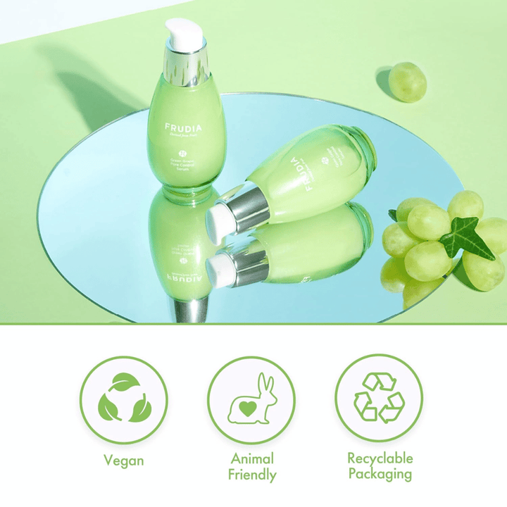 Frudia Green Grape Pore Control Serum con uva verde, formula vegana, cruelty-free e confezione riciclabile – cura della pelle coreana per riduzione dei pori e pelle equilibrata.