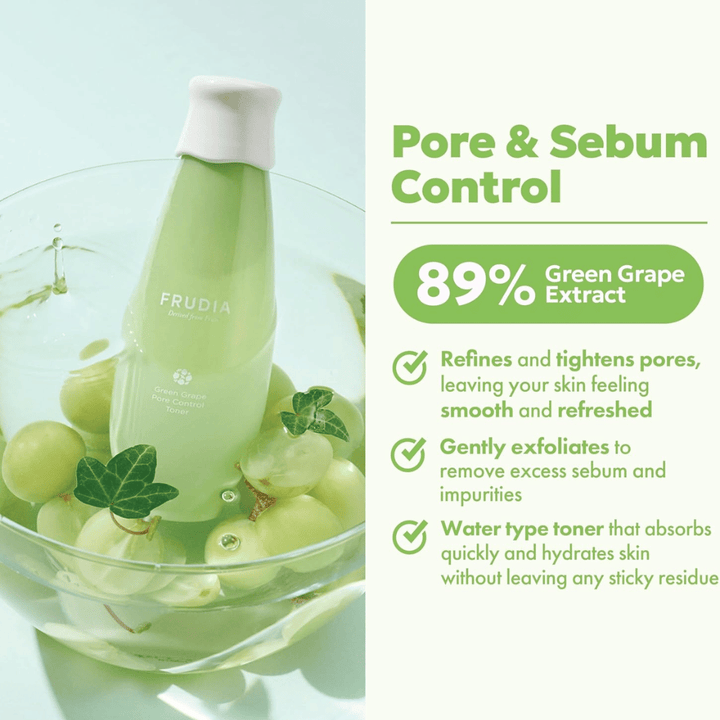 Frudia Green Grape Pore Control Toner con l'89% di estratto di uva verde che affina i pori, riduce il sebo in eccesso e idrata la pelle con una tonico viso leggera e ad assorbimento rapido senza sensazione appiccicosa.