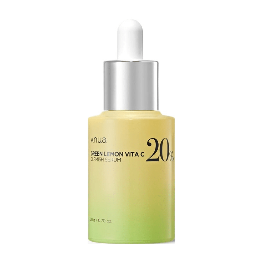 Bottiglia con ANUA Green Lemon Vita C Blemish Serum, contenente il 20% di vitamina C.