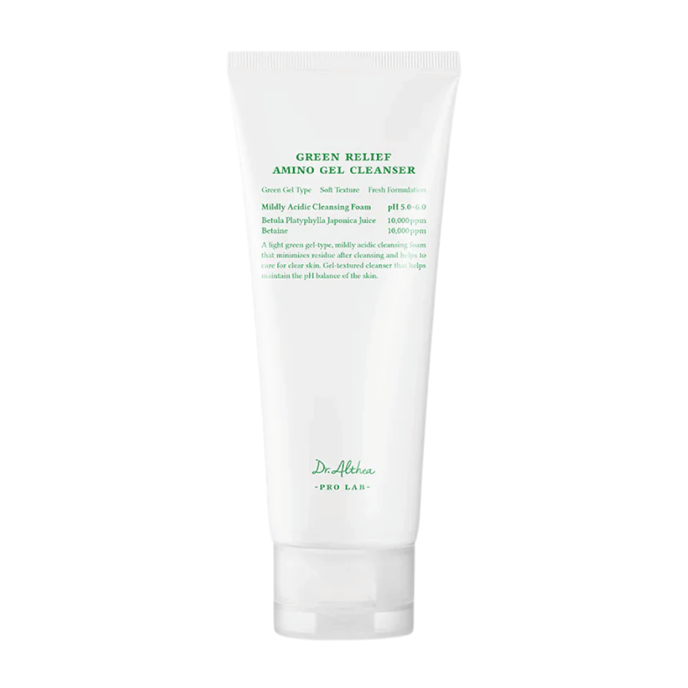 Il prodotto mostra Dr. Althea Green Relief Amino Gel Cleanser – un gel detergente delicato, vegano con formula verde leggera e pH 5.0–6.0 per pelle sensibile.