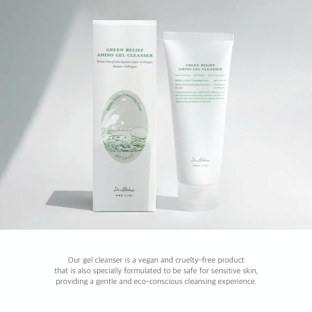 Dr. Althea Green Relief Amino Gel Cleanser è un detergente vegano, cruelty-free con una texture gel delicata. Specialmente sviluppato per la pelle sensibile e l'uso consapevole dell'ambiente.