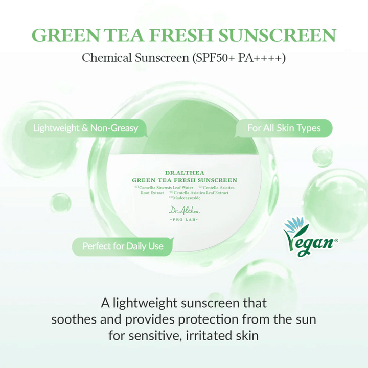 Grön och vit produktbild för Dr. Althea Green Tea Fresh Sunscreen med märkningar om SPF50+, vegansk formula och fördelar som lugnande, lätt textur och skydd för känslig hud.