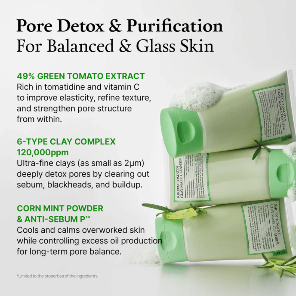 Immagine informativa su “Pore Detox & Purification” con ingredienti come estratto di pomodoro verde, argilla e menta, insieme alle immagini del prodotto.
