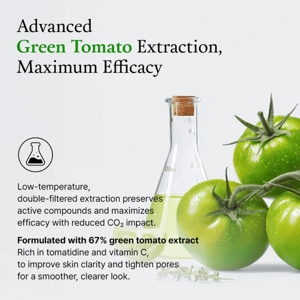 Immagine con pomodori verdi e una bottiglia da laboratorio che mette in risalto l'ingrediente “green tomato extract” e il suo effetto sulla pelle.