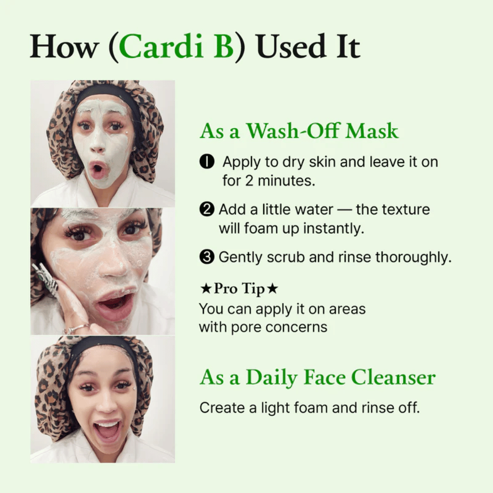 Immagine illustrativa che mostra come si usa il prodotto, con una persona che applica maschera viso. Passo dopo passo sia per la maschera sia per la detersione quotidiana.