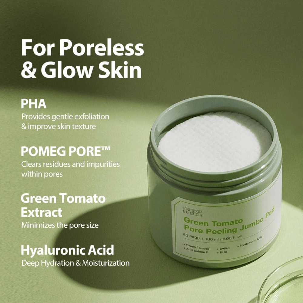 SUNGBOON EDITOR Green Tomato Pore Peeling Jumbo Pad – pads esfolianti con PHA, estratto di pomodoro verde e acido ialuronico