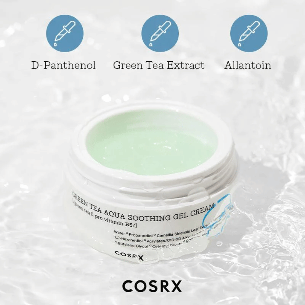COSRX Green Tea Aqua Soothing Gel Cream – barattolo aperto con crema gel verde. Ingredienti chiave: D-Pantenolo, Estratto di tè verde e Allantoina per idratazione ed effetto lenitivo.
