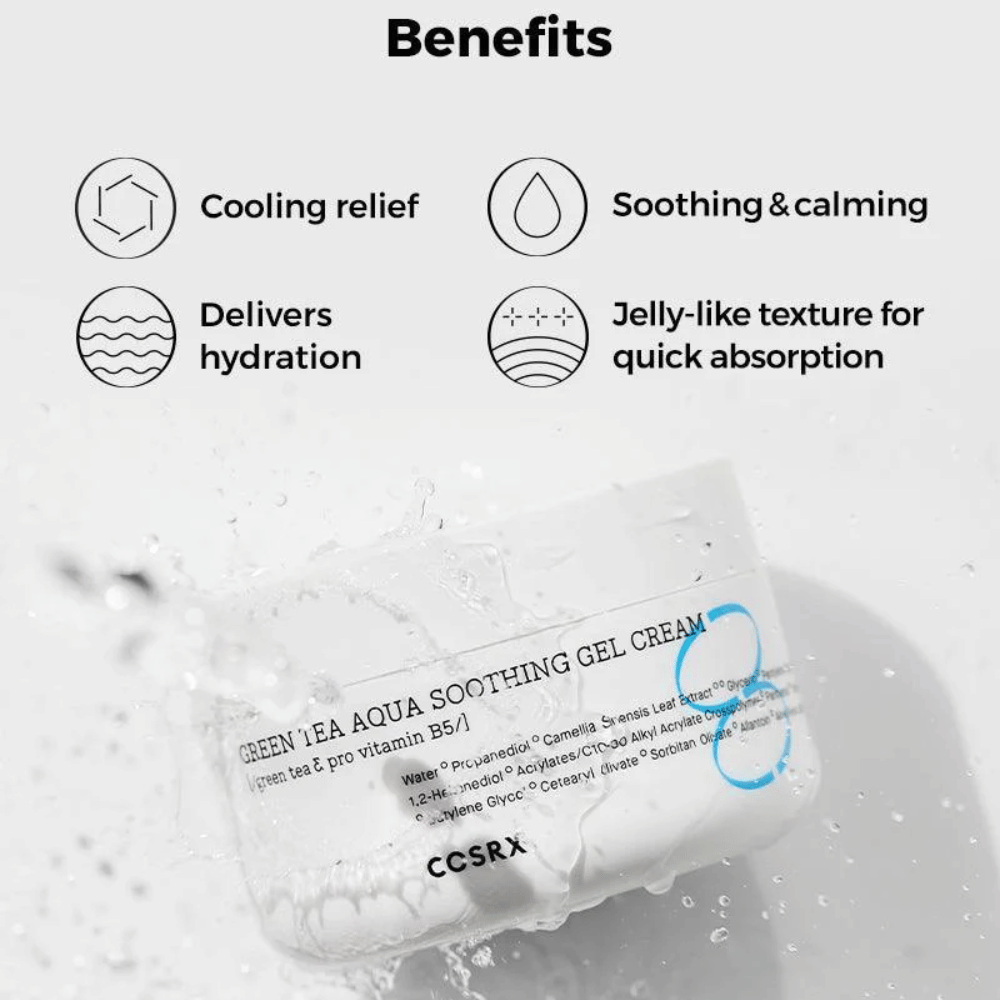 COSRX Green Tea Aqua Soothing Gel Cream – vantaggi: effetto rinfrescante, lenitivo e curativo, idratazione intensa e texture gel per un rapido assorbimento.