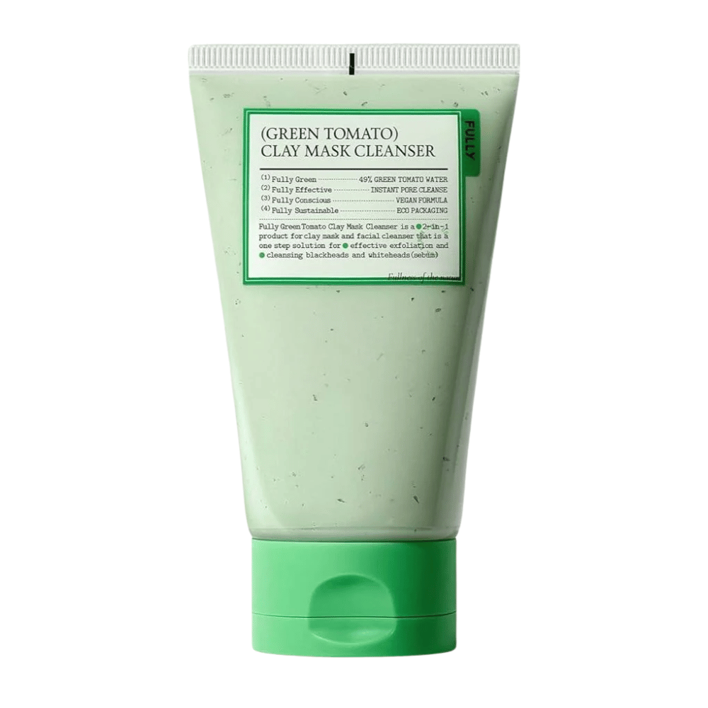 Un'immagine del prodotto di Green Tomato Clay Mask Cleanser in un tubo verde su sfondo bianco. L'attenzione è rivolta alla confezione e al design.