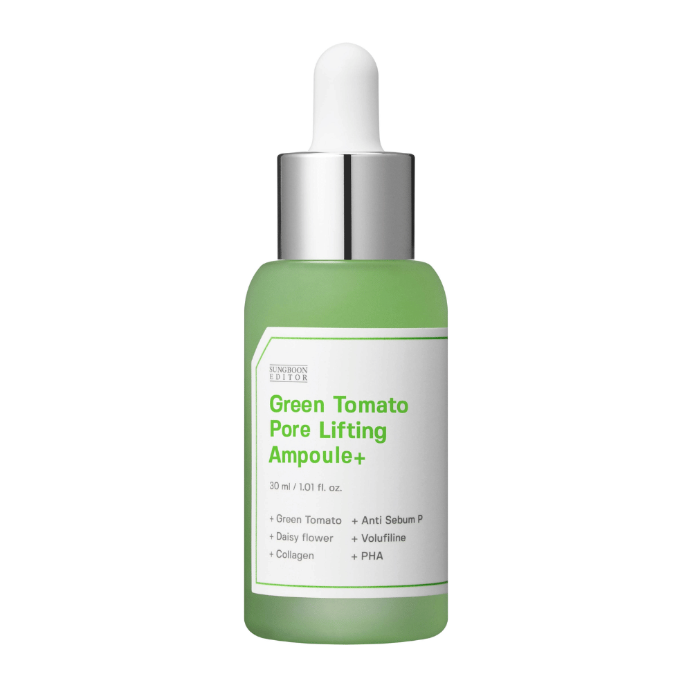Immagine del prodotto isolata di Green Tomato Pore Lifting Ampoule+ in bottiglia di vetro verde con pipetta.