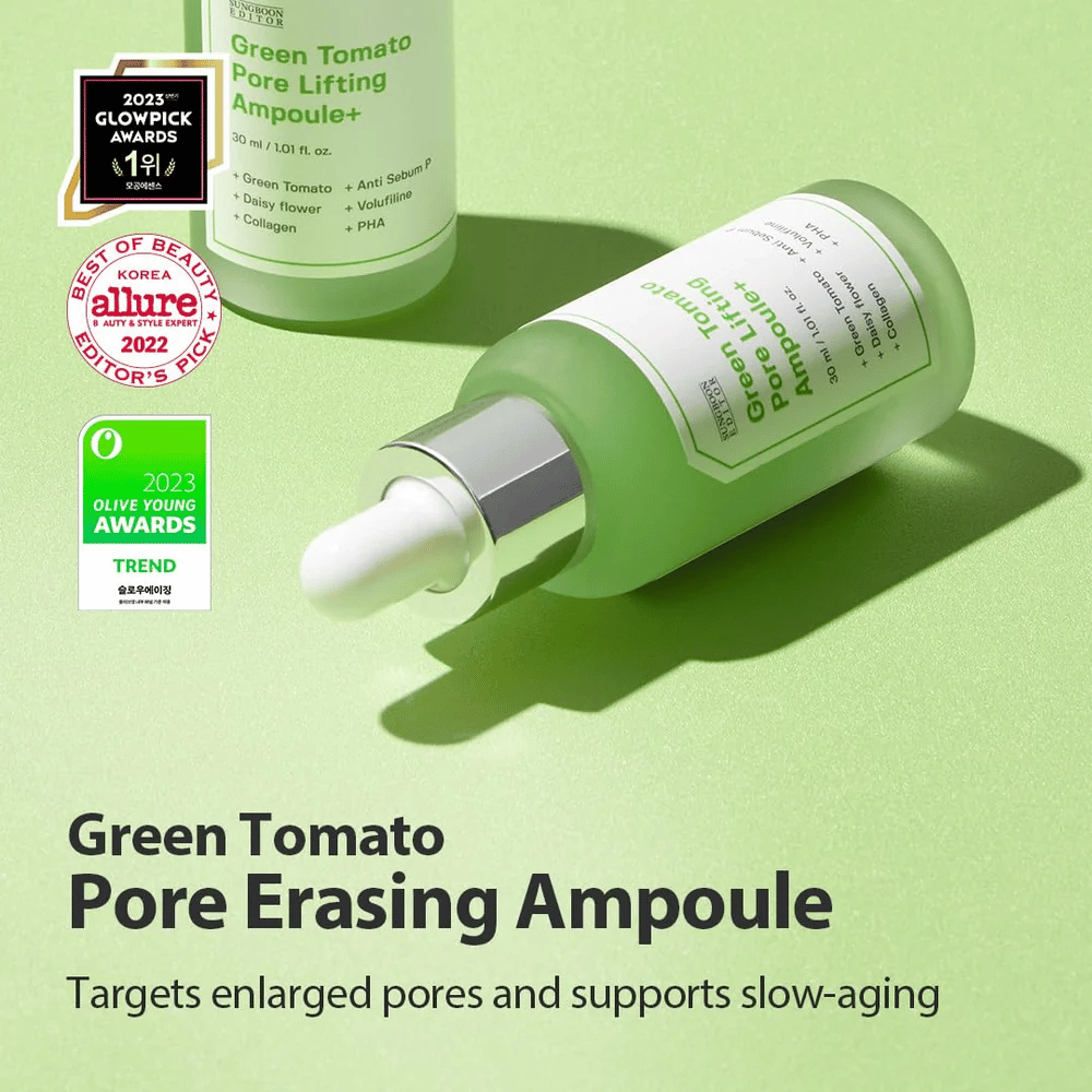 Immagine del prodotto Green Tomato Pore Lifting Ampoule+ con premi da Glowpick, Allure e Olive Young Awards 2023.