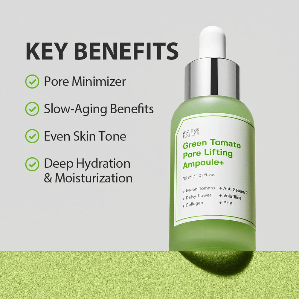 Green Tomato Pore Lifting Ampoule+ con flacone contagocce su sfondo verde, elencati i vantaggi chiave come riduzione dei pori, anti-età, tono della pelle uniforme e idratazione.