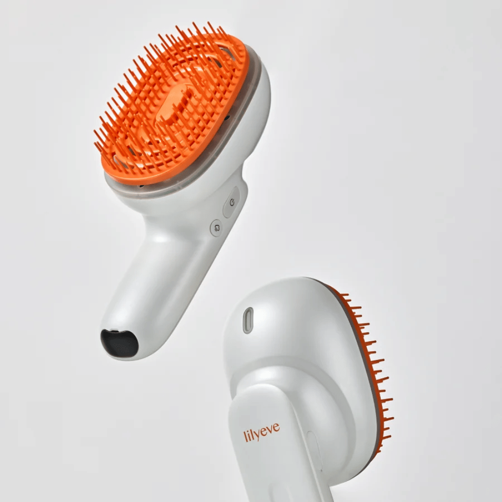 LILYEVE GrowTurn Brush Steam Booster – lato anteriore e posteriore con manico ergonomico e setole arancioni