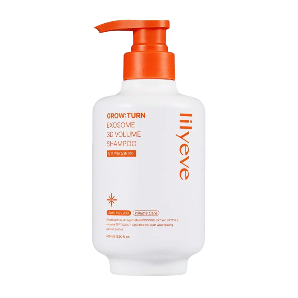 LILYEVE Grow:Turn Exosome 3D Volume Shampoo in flacone bianco con dosatore e dettagli arancioni per la cura del cuoio capelluto