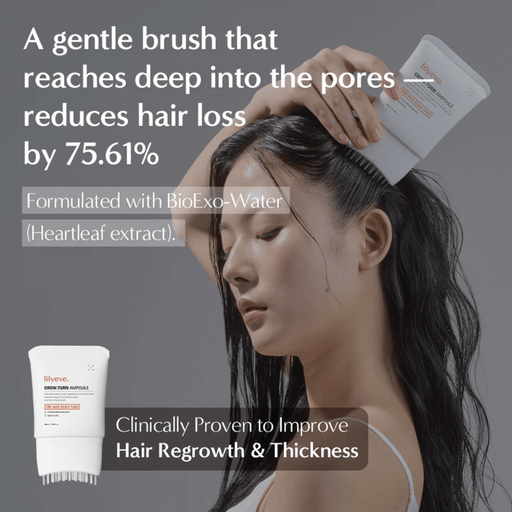 Immagine lifestyle in cui una persona applica il prodotto direttamente sul cuoio capelluto con la spazzola, con focus sulla crescita dei capelli e sulla riduzione della caduta dei capelli.