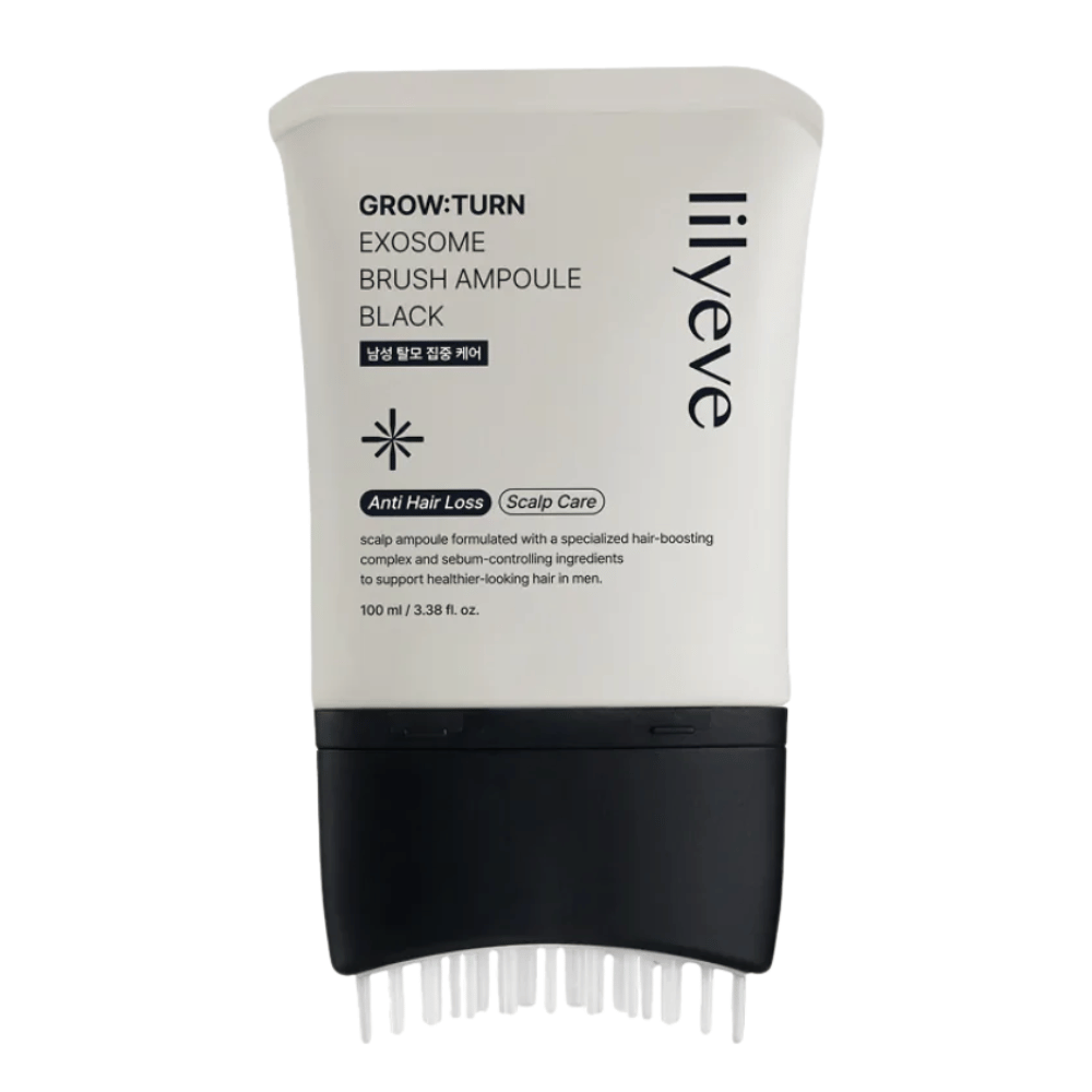 Immagine prodotto scontornata di LILYEVE Grow:Turn Exosome Brush Ampoule Prime su sfondo bianco. L'applicatore a spazzola integrato rende facile applicare il siero direttamente sul cuoio capelluto per la cura quotidiana di capelli e cuoio capelluto.