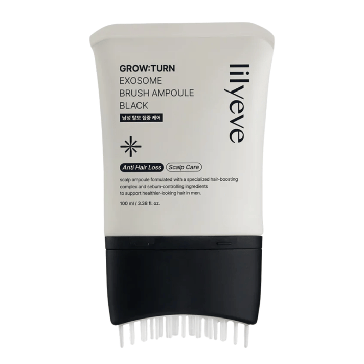 Immagine prodotto scontornata di LILYEVE Grow:Turn Exosome Brush Ampoule Prime su sfondo bianco. L'applicatore a spazzola integrato rende facile applicare il siero direttamente sul cuoio capelluto per la cura quotidiana di capelli e cuoio capelluto.