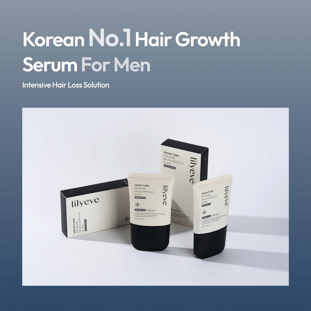 Immagine del prodotto e della confezione di LILYEVE Grow:Turn Exosome Brush Ampoule Prime. L'immagine evidenzia il siero come prodotto per la cura dei capelli sviluppato per uomini, con focus sulla cura del cuoio capelluto e sulle esigenze legate alla caduta dei capelli.