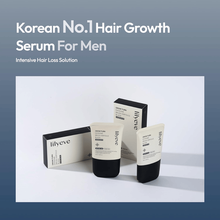 Immagine del prodotto e della confezione di LILYEVE Grow:Turn Exosome Brush Ampoule Prime. L'immagine evidenzia il siero come prodotto per la cura dei capelli sviluppato per uomini, con focus sulla cura del cuoio capelluto e sulle esigenze legate alla caduta dei capelli.