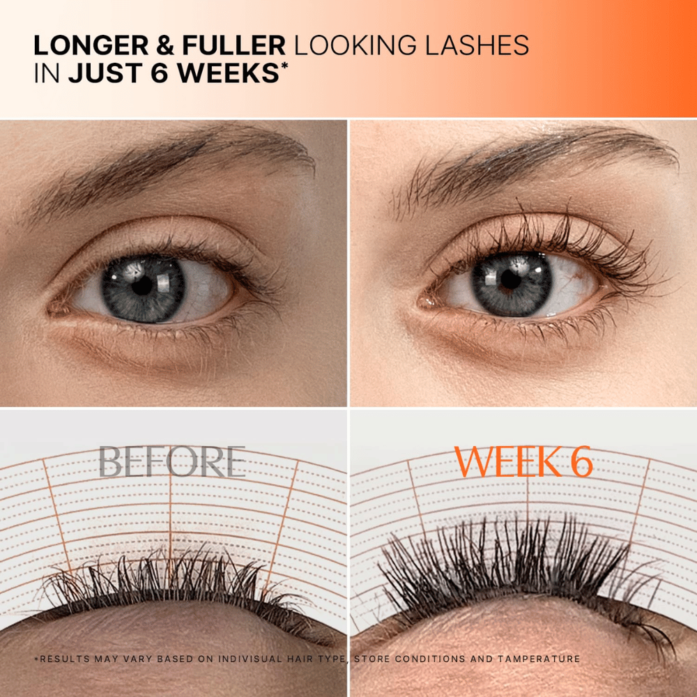 Immagine prima e dopo delle ciglia dopo 6 settimane di utilizzo di LILYEVE Grow Turn Exosome Dual Lash Serum.