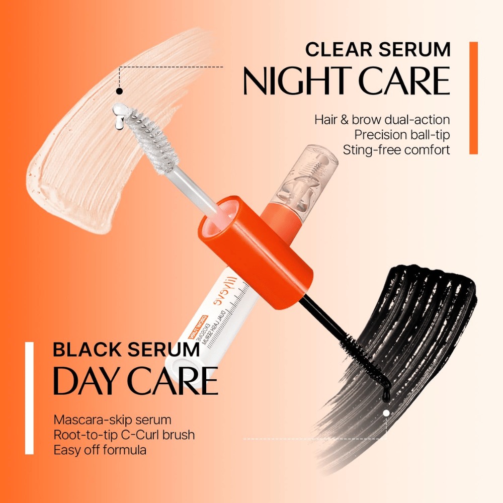 LILYEVE Grow Turn Exosome Dual Lash Serum con siero notturno trasparente e siero diurno nero in una confezione bifacciale.