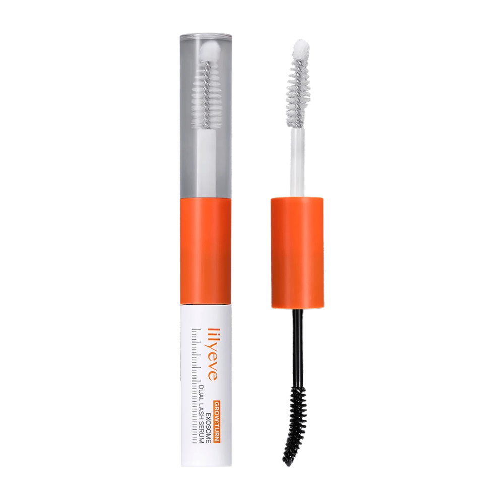 LILYEVE Grow Turn Exosome Dual Lash Serum – siero ciglia bifacciale con siero trasparente e nero e due applicatori.