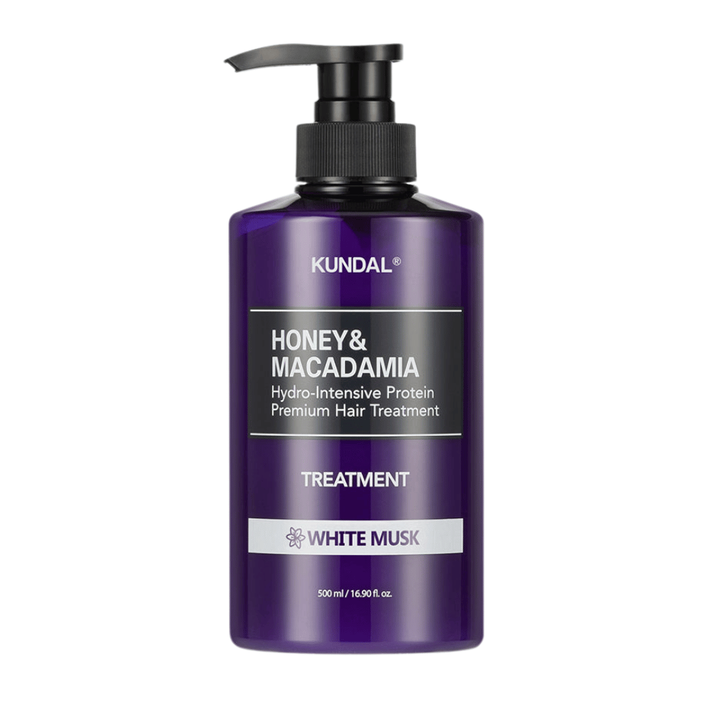 KUNDAL Honey & Macadamia Hydro-Intensive Protein Premium Hair Treatment White Musk in bottiglia a pompa viola, 500 ml.