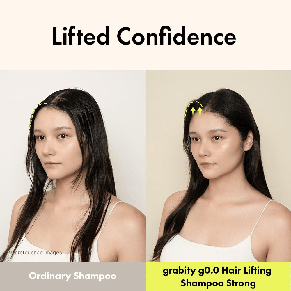 Immagine prima e dopo che mostra un aumento di volume e sollevamento alle radici dopo l’uso di Grabity g0.0 Hair Lifting Shampoo Strong per capelli sottili e piatti.