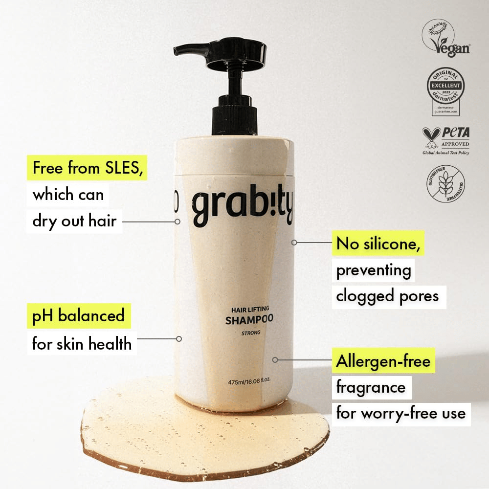 Grabity g0.0 Hair Lifting Shampoo Strong con informazioni su formula senza SLES, composizione senza siliconi, fragranza priva di allergeni e certificazioni per una cura dei capelli vegana e delicata.