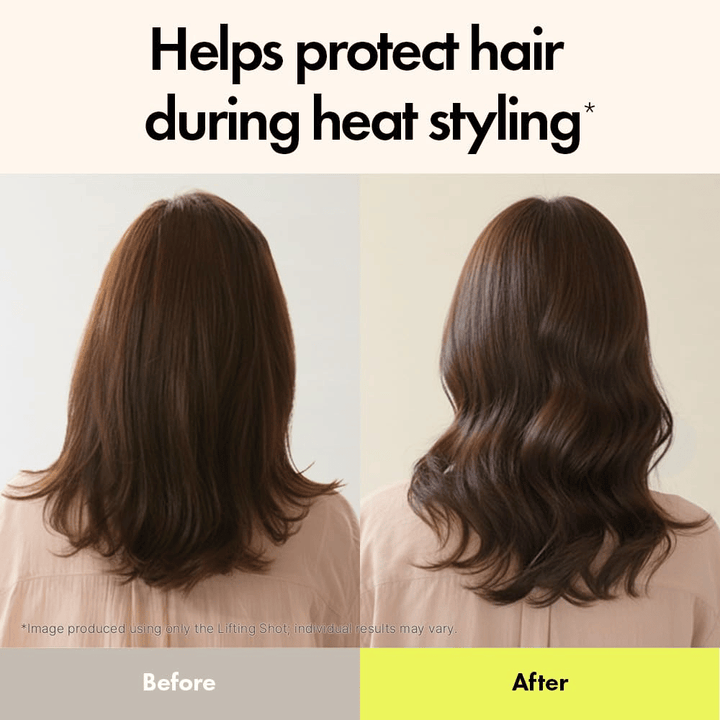 Immagine del prima e dopo che mostra l'effetto di Grabity Hair Lifting Shot. I capelli appaiono più folti, più definiti e meglio protetti durante lo styling a caldo dopo l'uso.