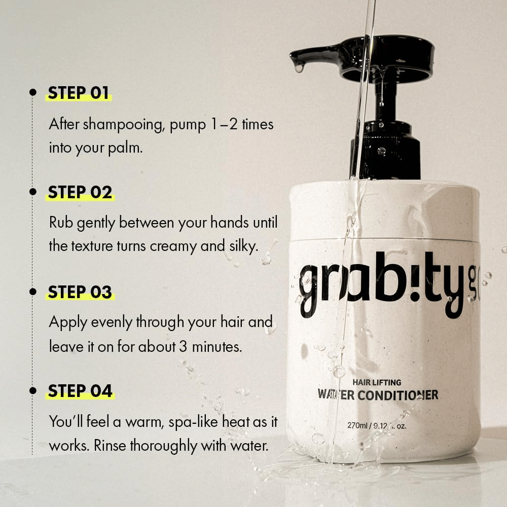Immagine illustrativa per Grabity Hair Lifting Water Conditioner che mostra come il prodotto viene utilizzato dopo lo shampoo per offrire trattamento, lucentezza e un aspetto dei capelli più pieno.