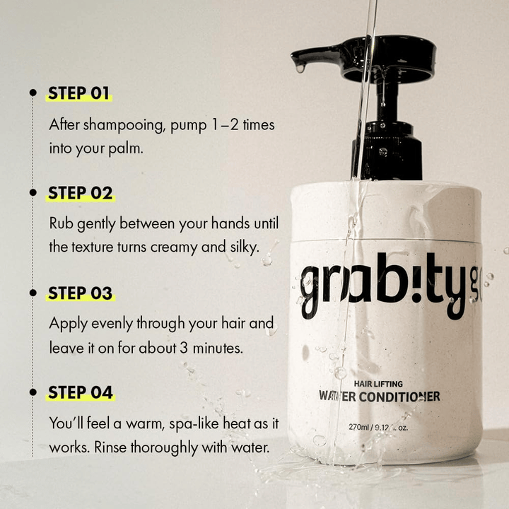 Immagine illustrativa per Grabity Hair Lifting Water Conditioner che mostra come il prodotto viene utilizzato dopo lo shampoo per offrire trattamento, lucentezza e un aspetto dei capelli più pieno.