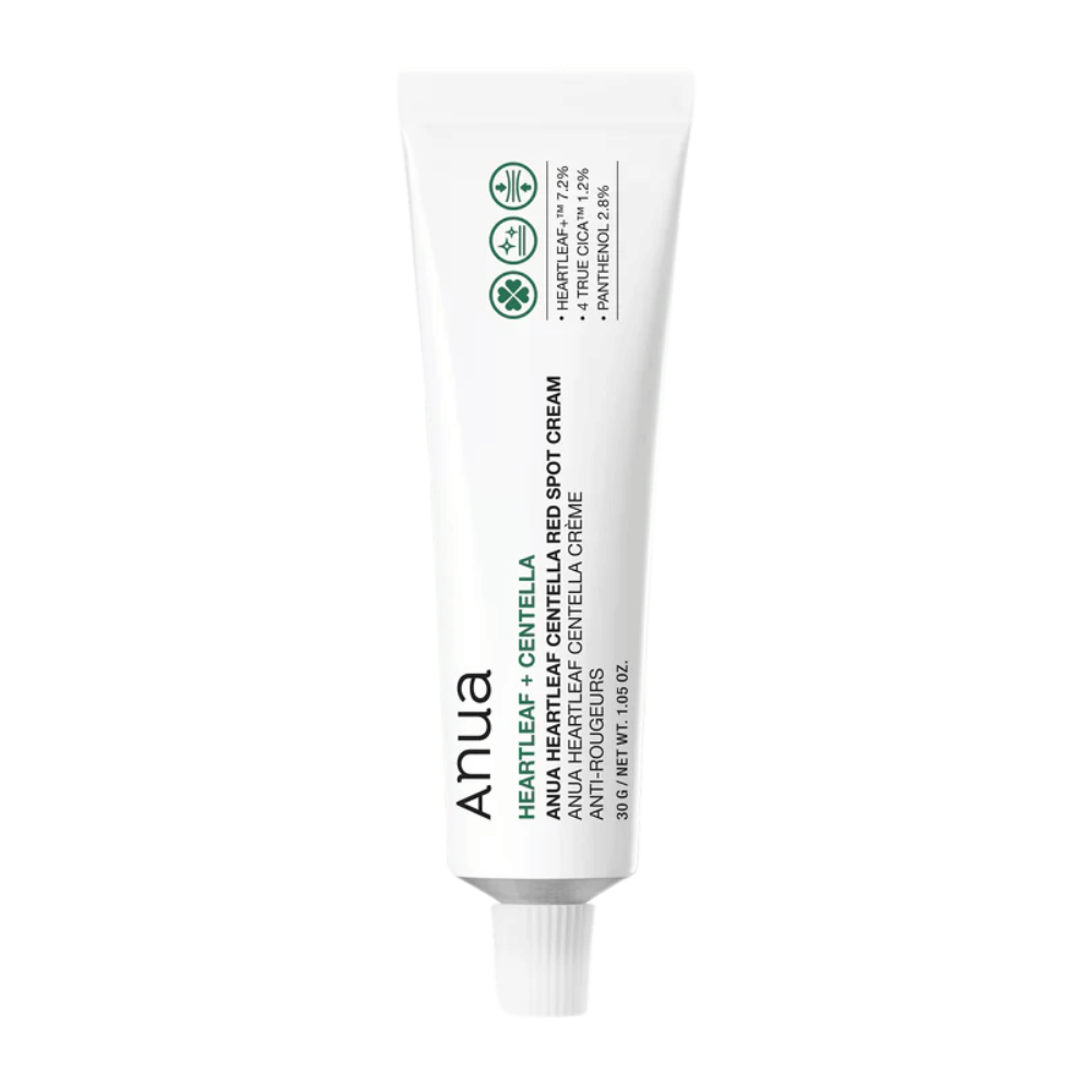 Anua Heartleaf Centella Red Spot Cream in tubo bianco, una crema per trattamenti localizzati con centella per calmare la pelle e rafforzare la barriera idratante.