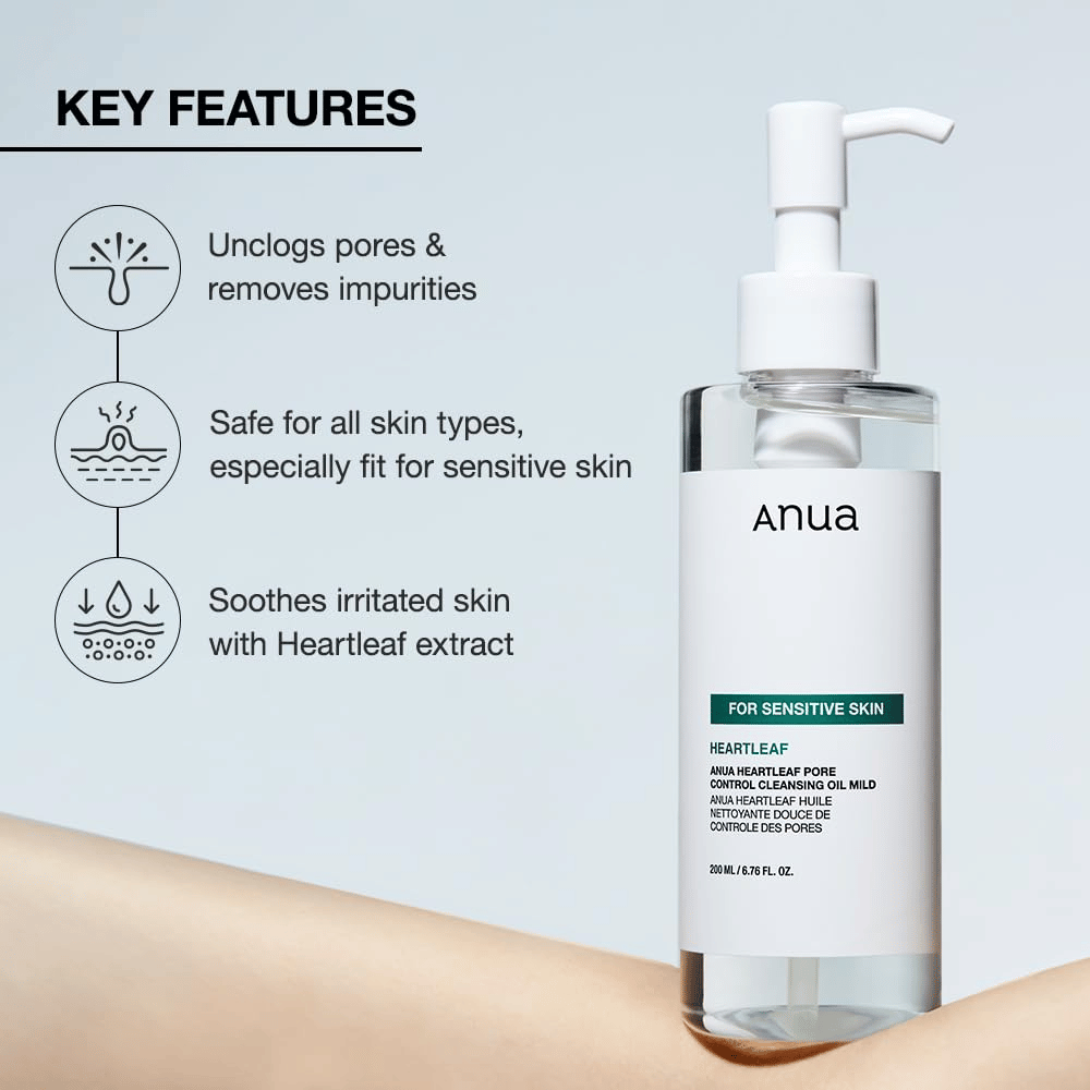 Anua Heartleaf Pore Control Cleansing Oil Mild è un olio detergente delicato per tutti i tipi di pelle, particolarmente adatto per la pelle sensibile. Aiuta a: Rimuovere le impurità e pulire i pori. Lenire la pelle irritata con l'aiuto dell'estratto di heartleaf. È sicuro per tutti i tipi di pelle e appositamente adattato per essere delicato ed efficace.