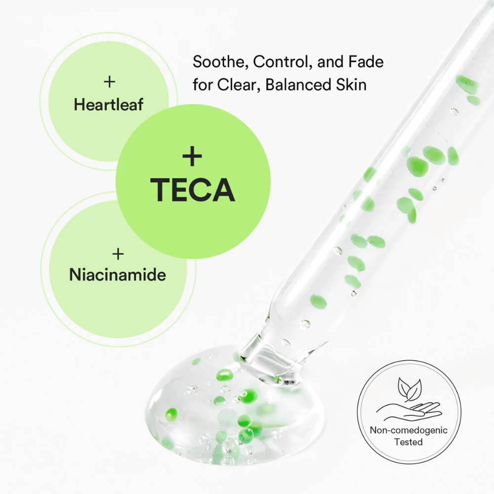 Illustrazione del prodotto che mostra la combinazione di Heartleaf, TECA e niacinamide per bilanciare la pelle, controllare il sebo e ridurre i problemi cutanei visibili.