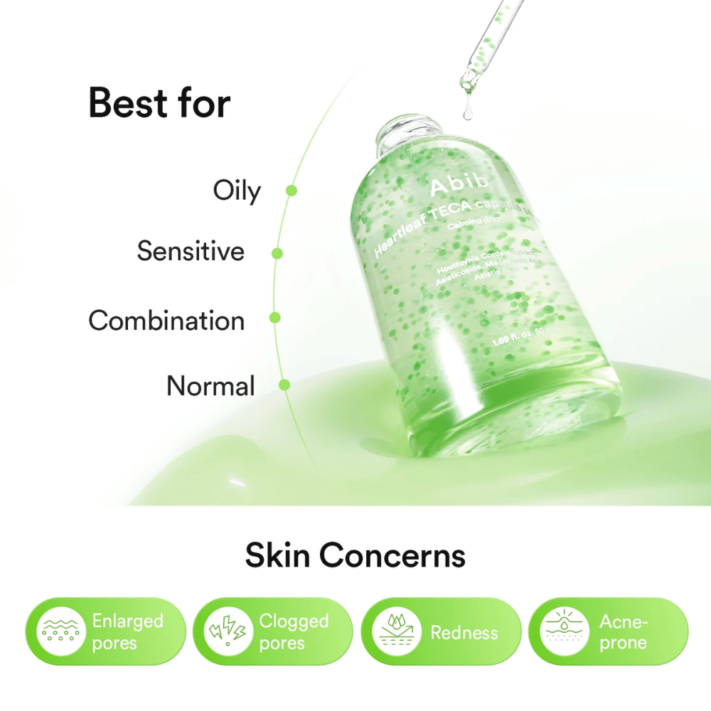 Immagine informativa che mostra che Abib Heartleaf TECA Capsule Serum è adatto a pelle grassa, sensibile, mista e normale e si rivolge a pori, rossore e pelle a tendenza acneica.