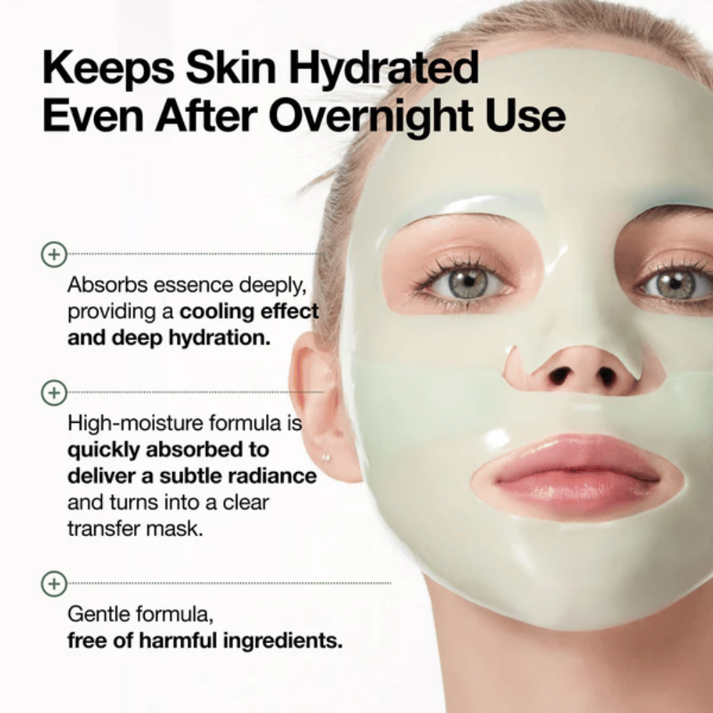 Primo piano di una modella che utilizza la maschera in idrogel. Il testo evidenzia che la maschera aiuta la pelle a trattenere l’idratazione anche dopo l’uso durante la notte. L’immagine mette in risalto una sensazione rinfrescante, un’idratazione profonda, una maggiore luminosità e una formula delicata senza ingredienti inutilmente irritanti.
