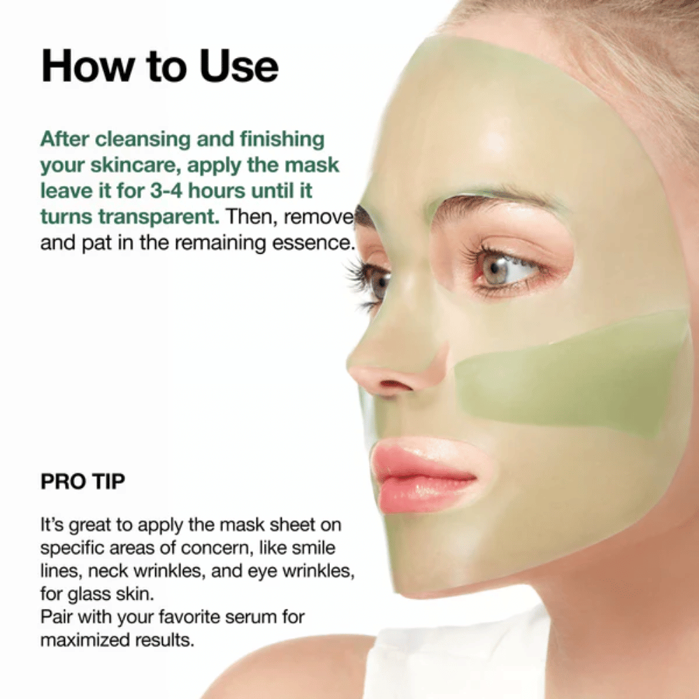 Una modella indossa una maschera in idrogel verde chiaro che copre gran parte del viso. L’immagine mostra come la maschera venga utilizzata dopo la routine di skincare e sottolinea che deve restare sulla pelle per 3–4 ore finché non diventa trasparente. L’attenzione è rivolta a un’idratazione di lunga durata e al fatto che l’essenza venga assorbita efficacemente dalla pelle.
