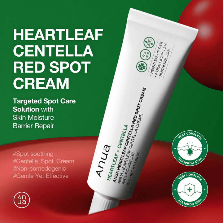 Anua Heartleaf Centella Red Spot Cream i vit tub presenterad mot grön bakgrund, med fokus på punktbehandling, fuktbarriärreparation och testad skonsam formula.