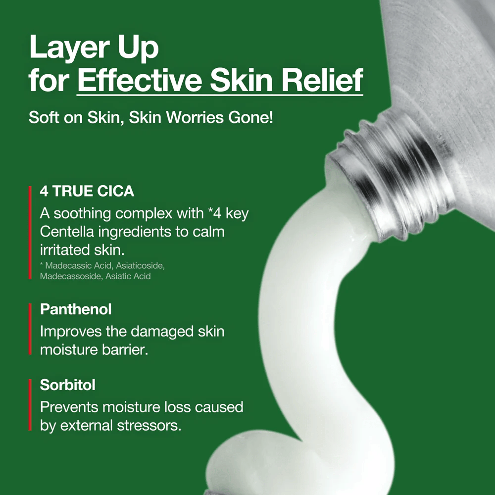 Anua Heartleaf Centella Red Spot Cream med vit kräm pressad ur tub, markerade ingredienser som 4 True Cica, Panthenol och Sorbitol för lugnande och återfuktande effekt.