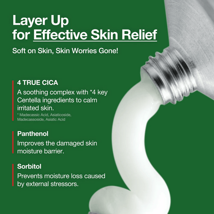 Anua Heartleaf Centella Red Spot Cream med vit kräm pressad ur tub, markerade ingredienser som 4 True Cica, Panthenol och Sorbitol för lugnande och återfuktande effekt.